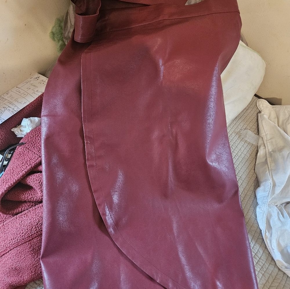 NWT leather deep red wrap skirt, 3/4 length, soft and classic...